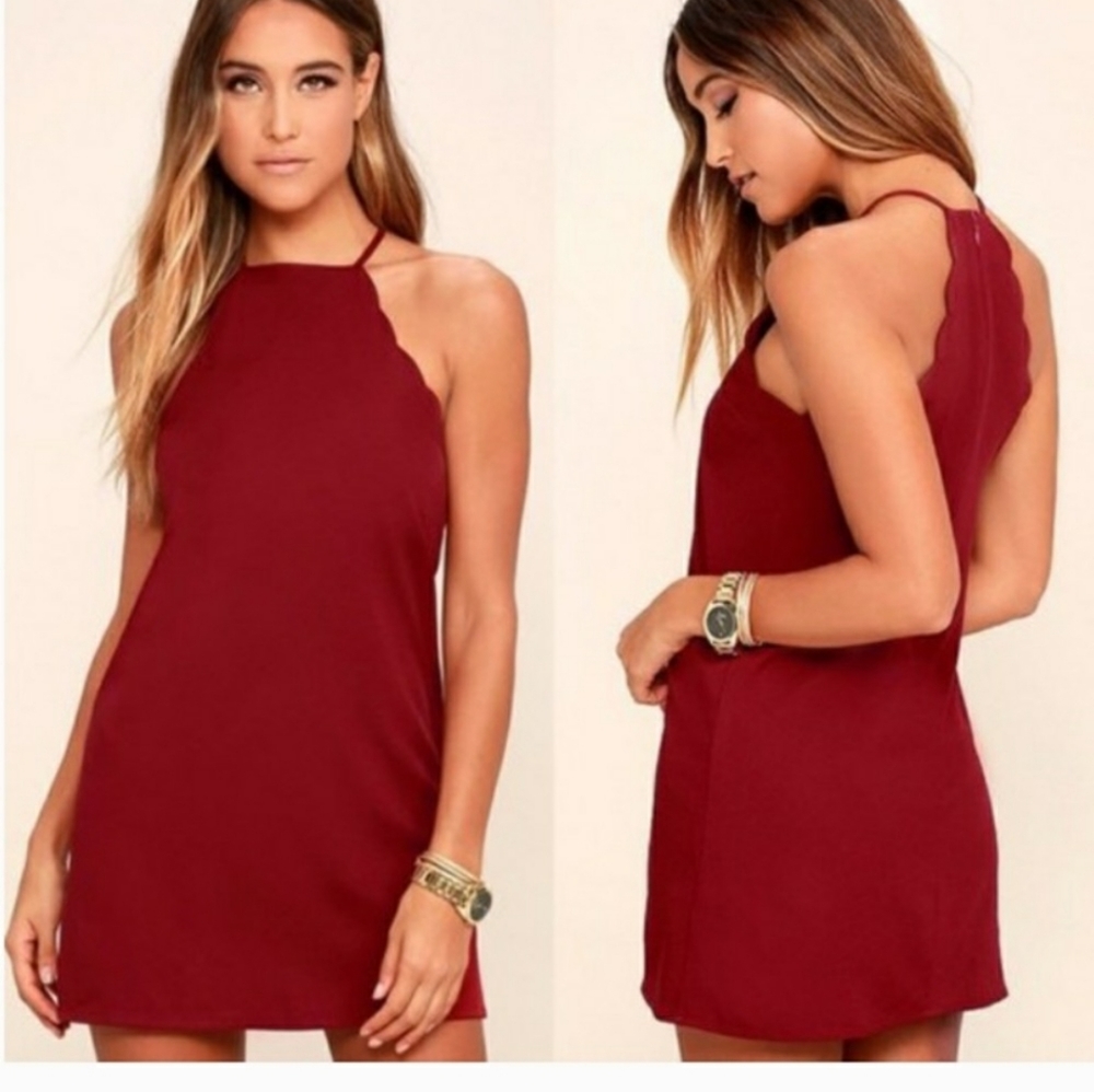 Lulu's Endlessly Endearing Wine Red Scallop Dress M